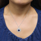 Sterling Silver Lab Grown Sapphire and Baguette Diamond Medallion Pendant Necklace