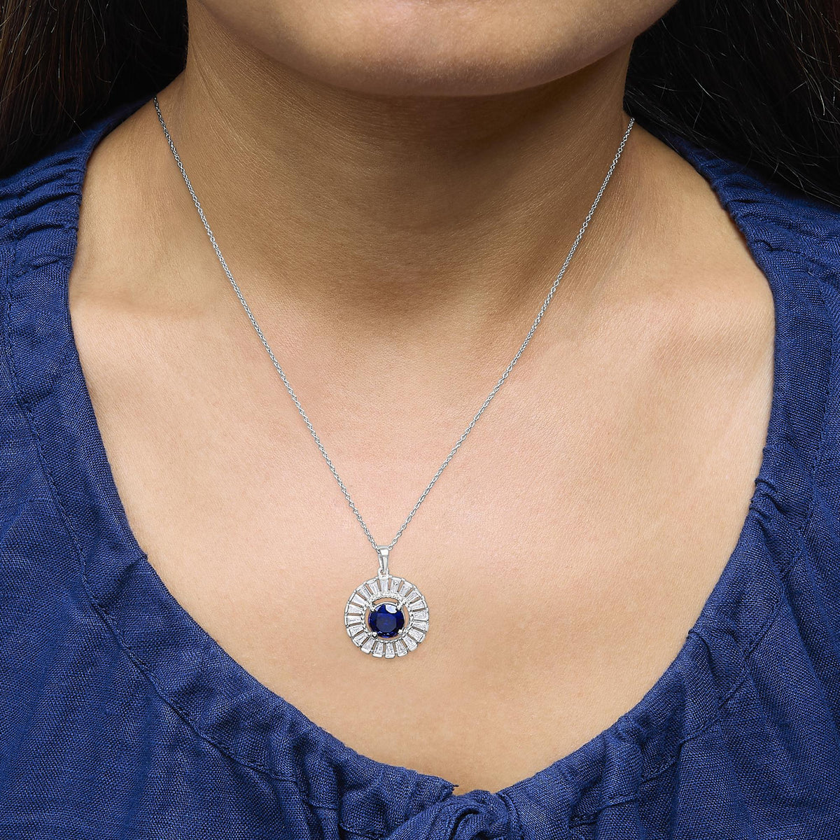 Sterling Silver Lab Grown Sapphire and Baguette Diamond Medallion Pendant Necklace