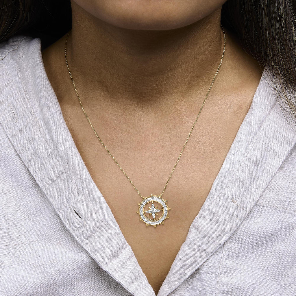 14KT Yellow Gold Plated Sterling Silver 1 Cttw Diamond Compass Medallion Pendant Necklace