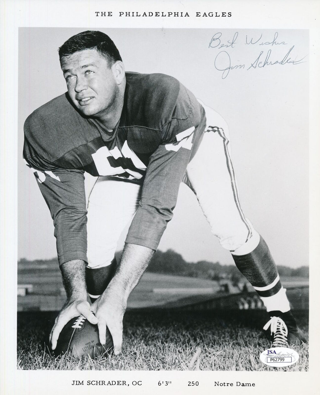 Jim Schrader Eagles Redskins Notre Dame RARE Signed  8x10 Photo JSA 156984