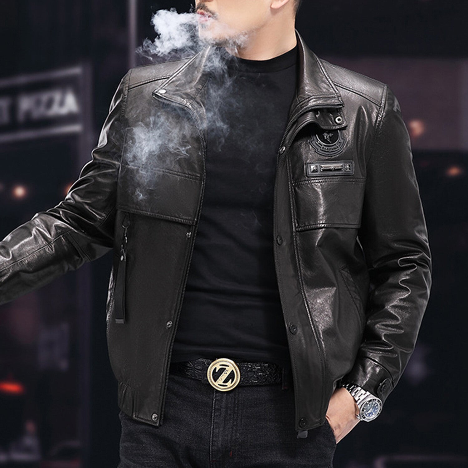Racer Leather Jacket with Duckdown Lining  // Black