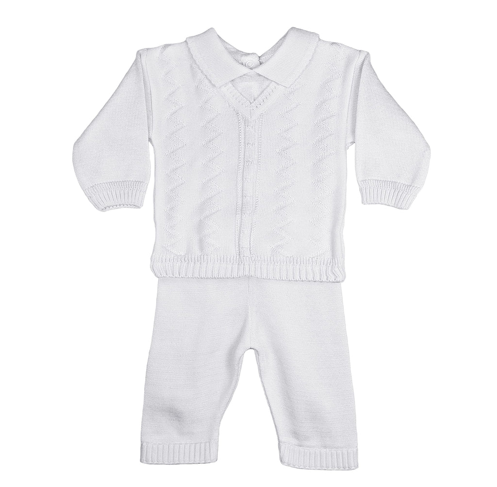Little Things Mean A Lot Boys 100% Cotton Knit Two Piece White Christening Baptism Outfit - 3 Month