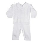 Little Things Mean A Lot Boys 100% Cotton Knit Two Piece White Christening Baptism Outfit - 3 Month