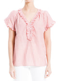 Max Studio Women's Short Sleeve Ruffle Top, Coral-Bd-72-3118, Large