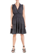 Max Studio Women's Sleeveless Short Smocked Dress, Black/White-128, Medium