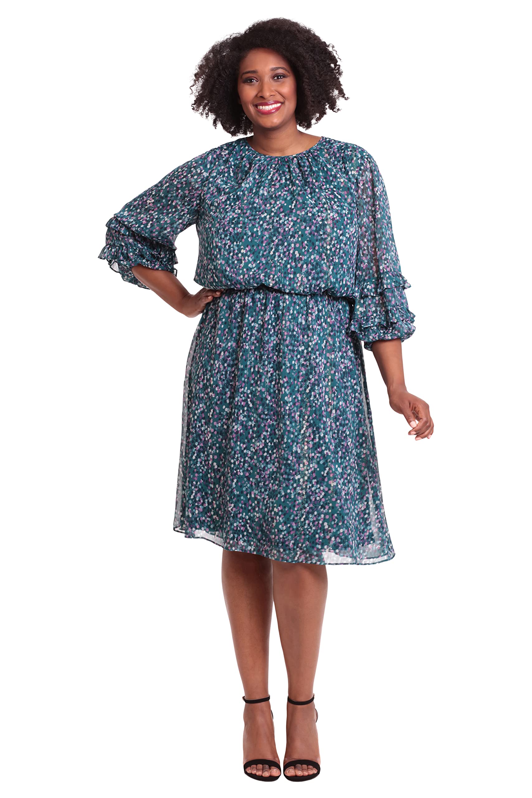 London Times Women's Shirred Jewel Neck Blouson Bodice Dress