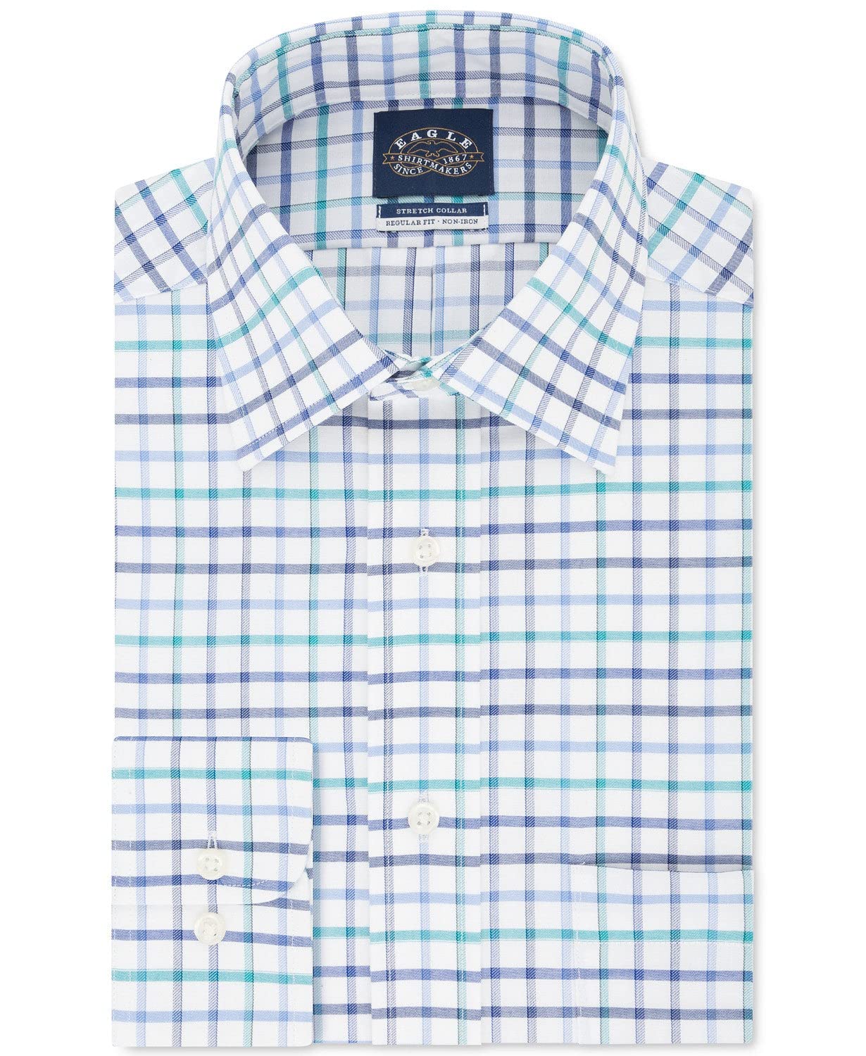 Eagle Mens Dress Shirt White (XL) Flex Collar Check Blue 17 1/2