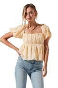 Pleated Back Cutout Bubble Sleeve Top