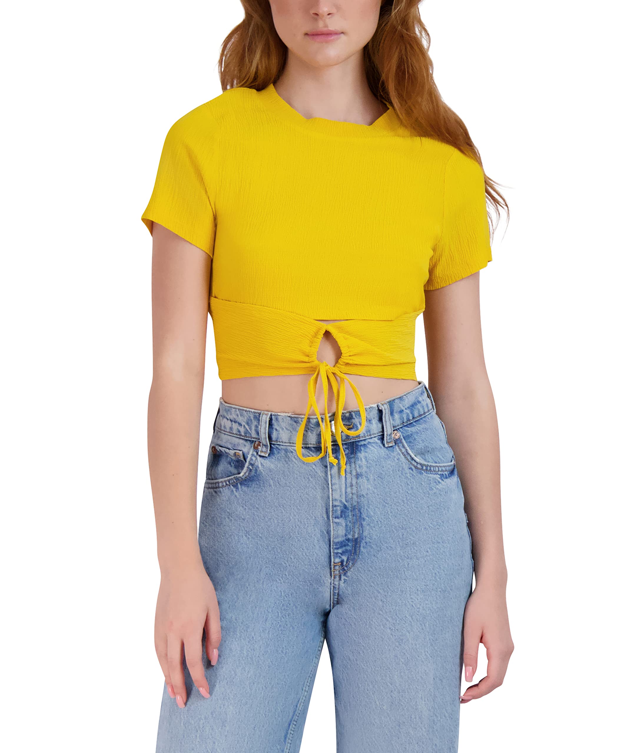 BCBGeneration Women's Fitted Short Sleeve Keyhole Drawstring Tie Crop Top, Golden Rod, Medium