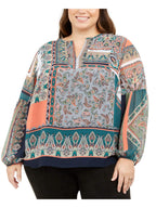 Tommy Hilfiger Womens Paisley Split Neck Top Navy 2X