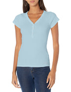 GUESS womens Short Sleeve V-neck Henley Shirt, Bleached Blue, X-Small US