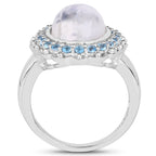 7.21 Carat Genuine White Rainbow Moonstone & Swiss Blue Topaz .925 Sterling Silver Ring
