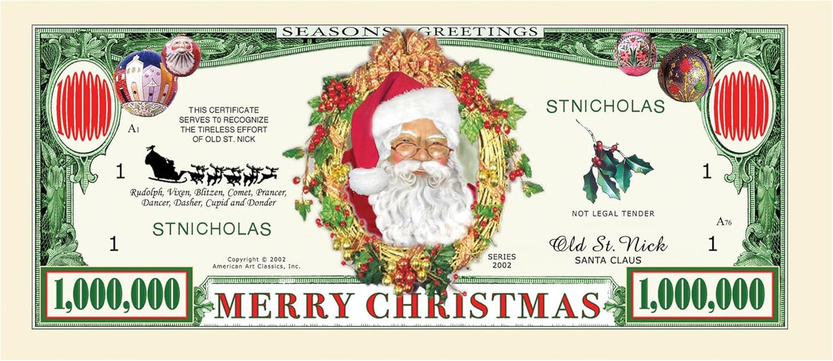 1000 TOTAL - Million Dollar Santa Claus Dollar Merry Christmas Holiday Bills