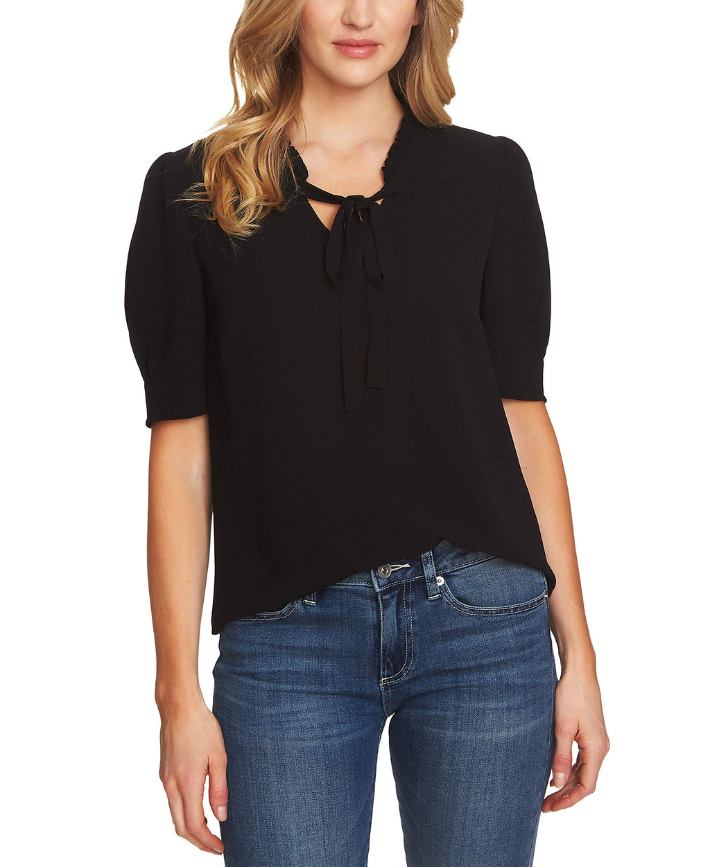 CeCe Sportswear Women's Short Sleeve V-Neck Ruffled TOP with Bow, Rich Black, XL