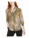 bar III Women's Printed Tie-Neck Top Dark Green Size Extra Small