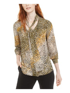 bar III Women's Printed Tie-Neck Top Dark Green Size Extra Small