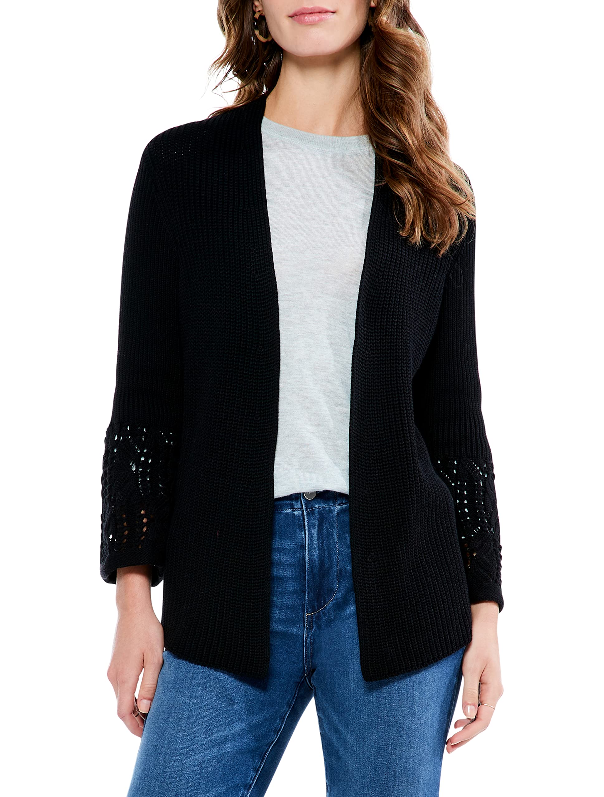 NIC+ZOE Women's Pointelle Cuff Cardigan, Black Onyx, SM