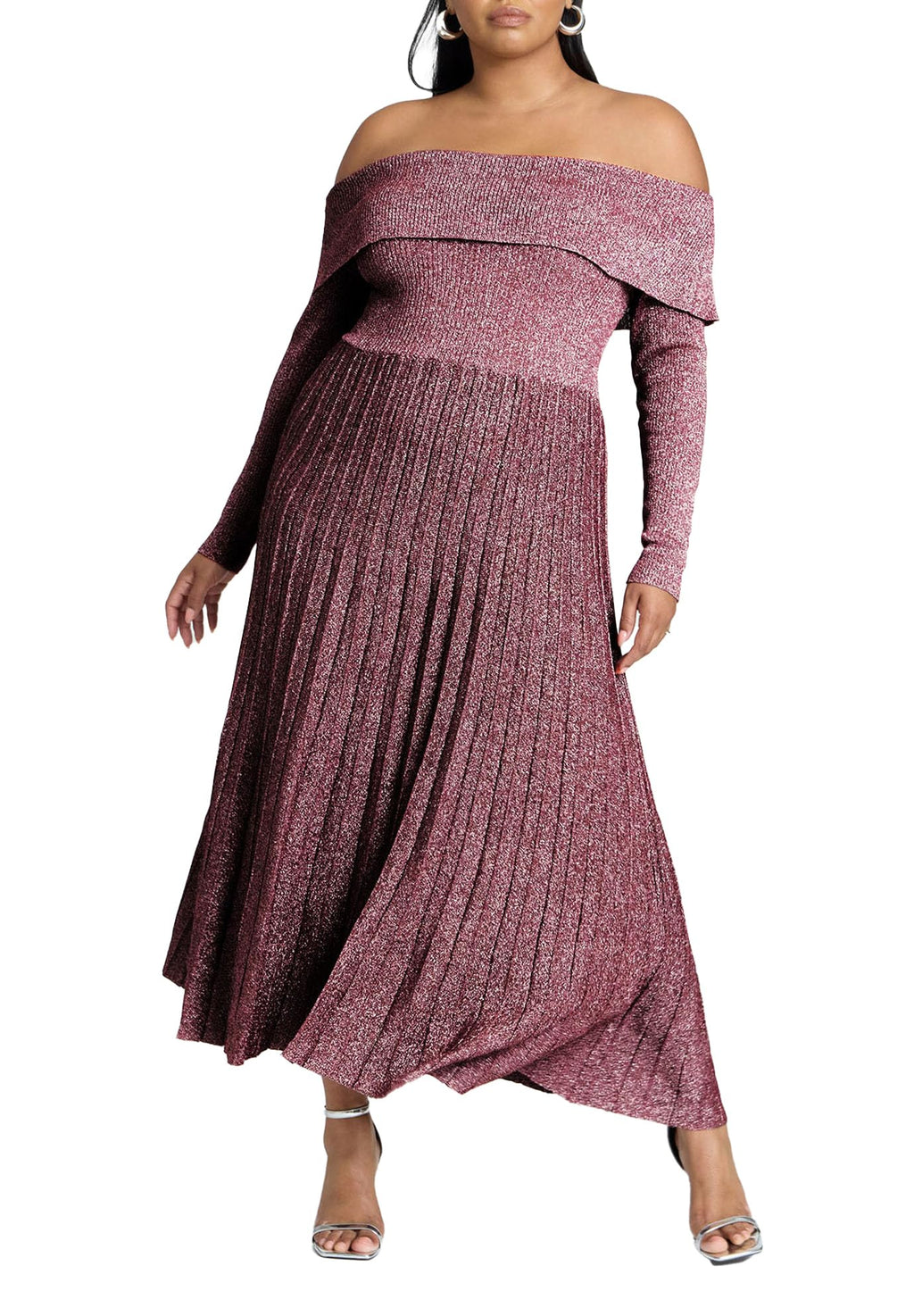 ELOQUII Women's Plus Size Lurex Off Shoulder Dress - 18/20, Burgundy Lurex
