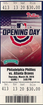 Bryce Harper March 28, 2019 Opening Day Phillies 1st Game Debut Full Ticket