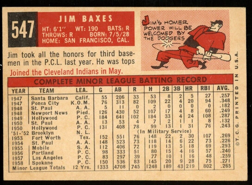 1959 Topps Baseball Jim Baxes #547 Los Angeles Dodgers