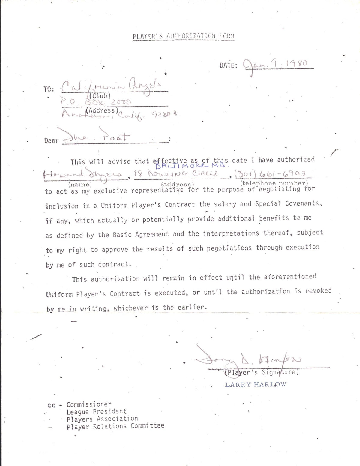 Larry Harlow California Angels Signed 1980 Players Authorization Form 151590
