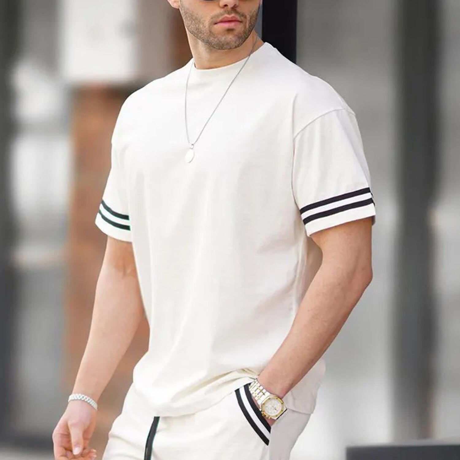 Crewneck T-Shirt & Shorts Tipped Set // Ecru