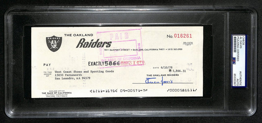 Al Davis HOF Signed/Autographed 8.5x3.5 Bank Check Raiders PSA/DNA 193240