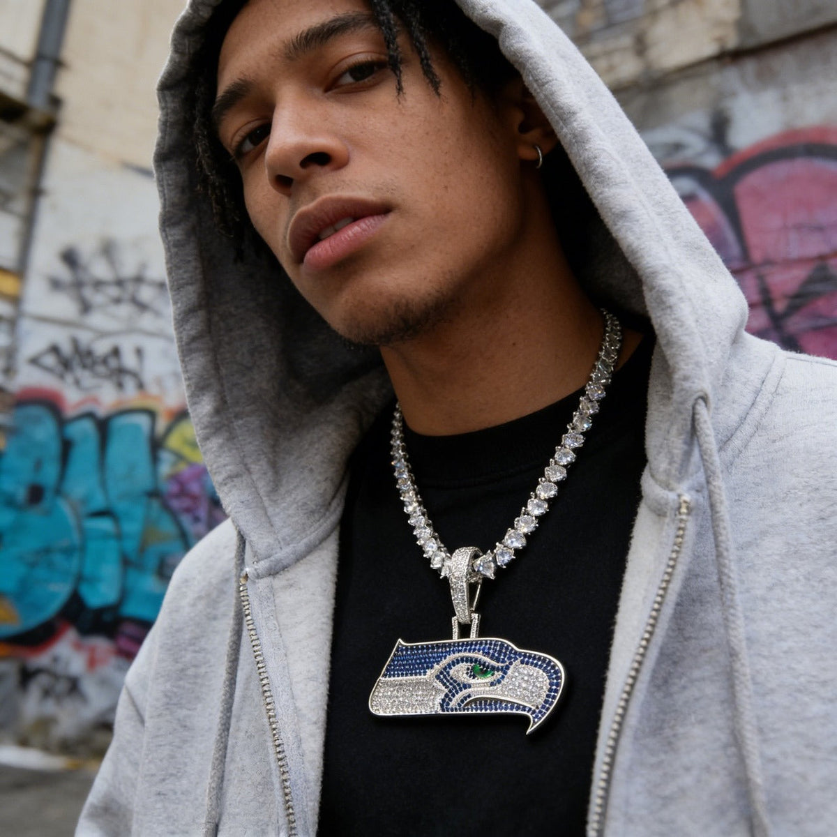 Seattle Seahawks Logo Pendant Necklace – with Heart Tennis Chain for Fans