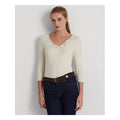 RALPH LAUREN Womens Beige Embroidered Lace V-neck 3/4 Sleeve V Neck T-Shirt S