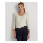 RALPH LAUREN Womens Beige Embroidered Lace V-neck 3/4 Sleeve V Neck T-Shirt S