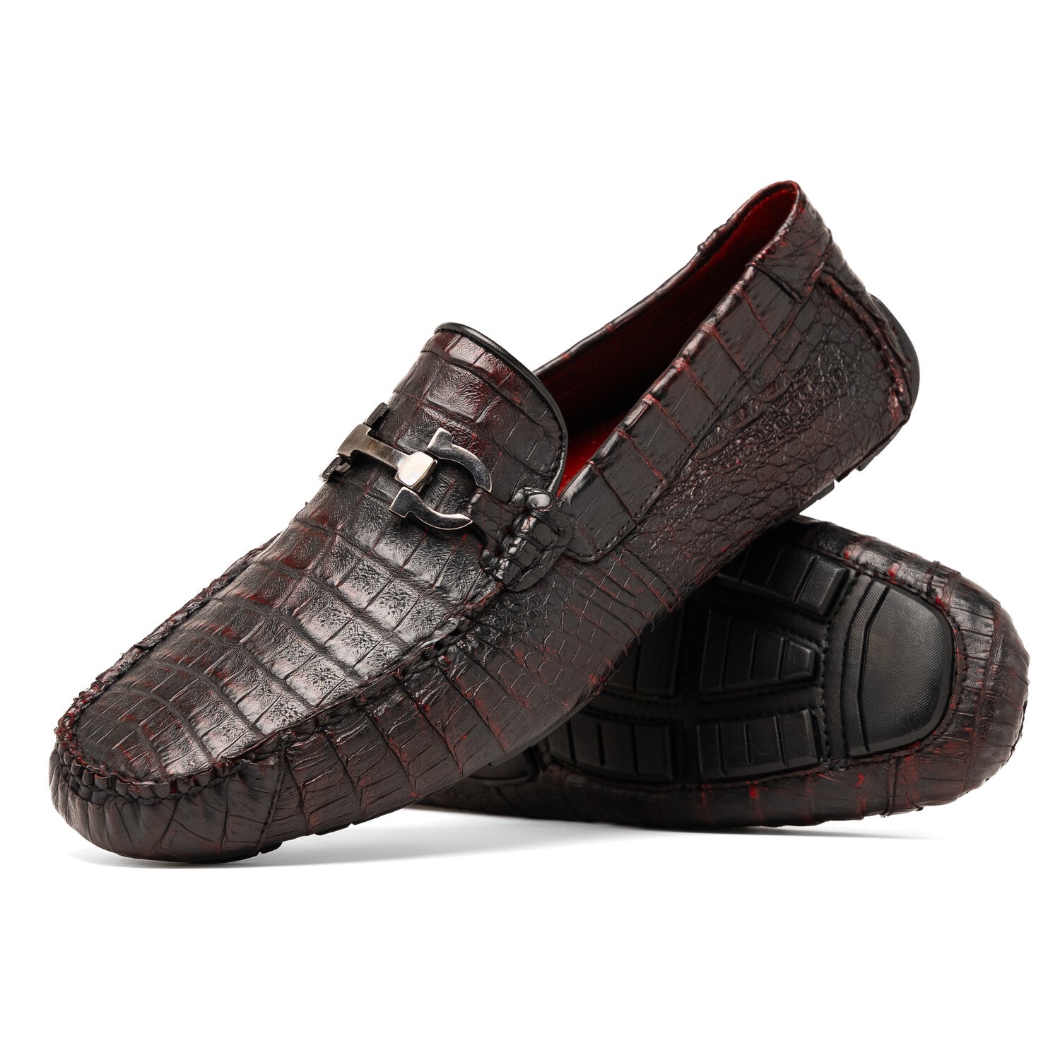 Parma // Caiman Fuscus Leather Bit Loafers // Black Cherry