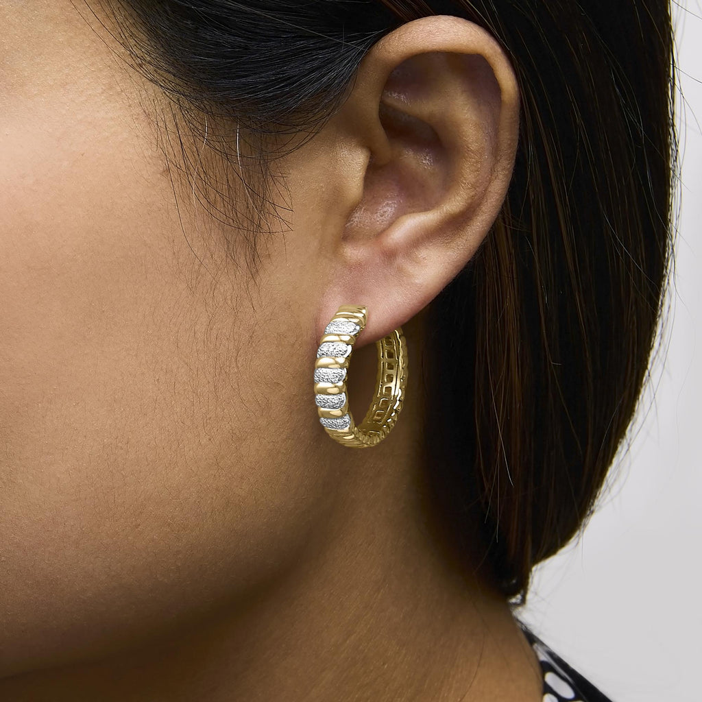 Gold Vermeil 1/10 Cttw Diamond Ribbed Design Hoop Earrings