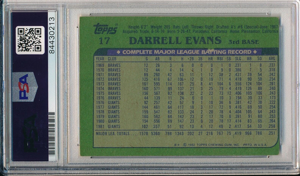 Darrell Evans Giants Signed/Autographed 1982 TOPPS Card #17 PSA/DNA 164213
