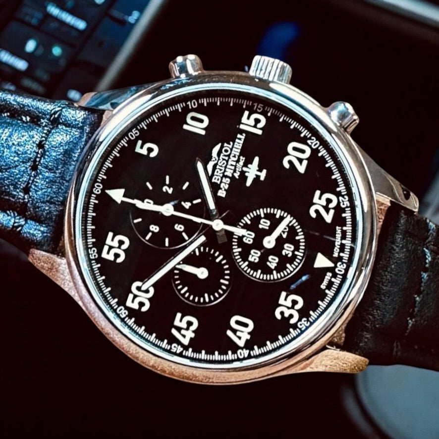 B-25 Mitchell Tribute - Stainless Steel, Polished Finish, Black Leather Band