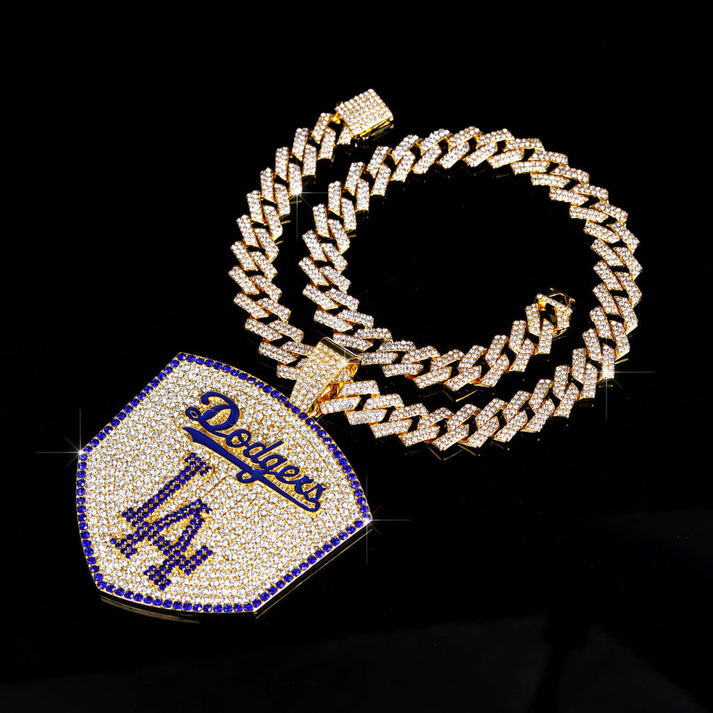 Los Angeles Dodgers Baseball Shield Pendant Necklace – Iced Out 24 Inches Cuban Chain