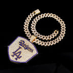 Los Angeles Dodgers Baseball Shield Pendant Necklace – Iced Out 24 Inches Cuban Chain