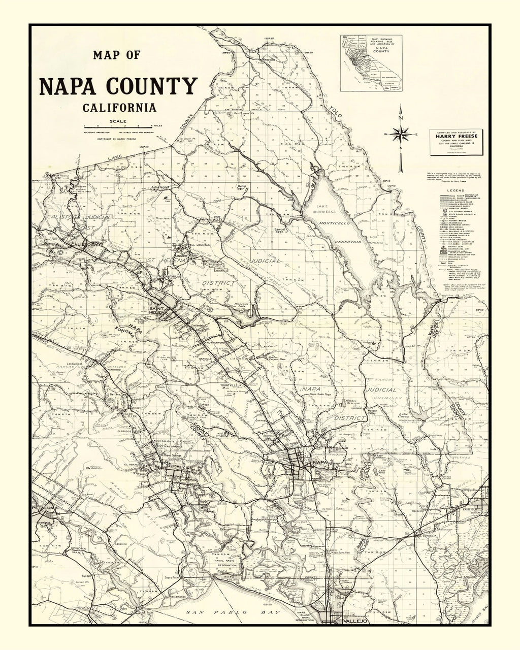 Vintage Map of Napa County, California 1950