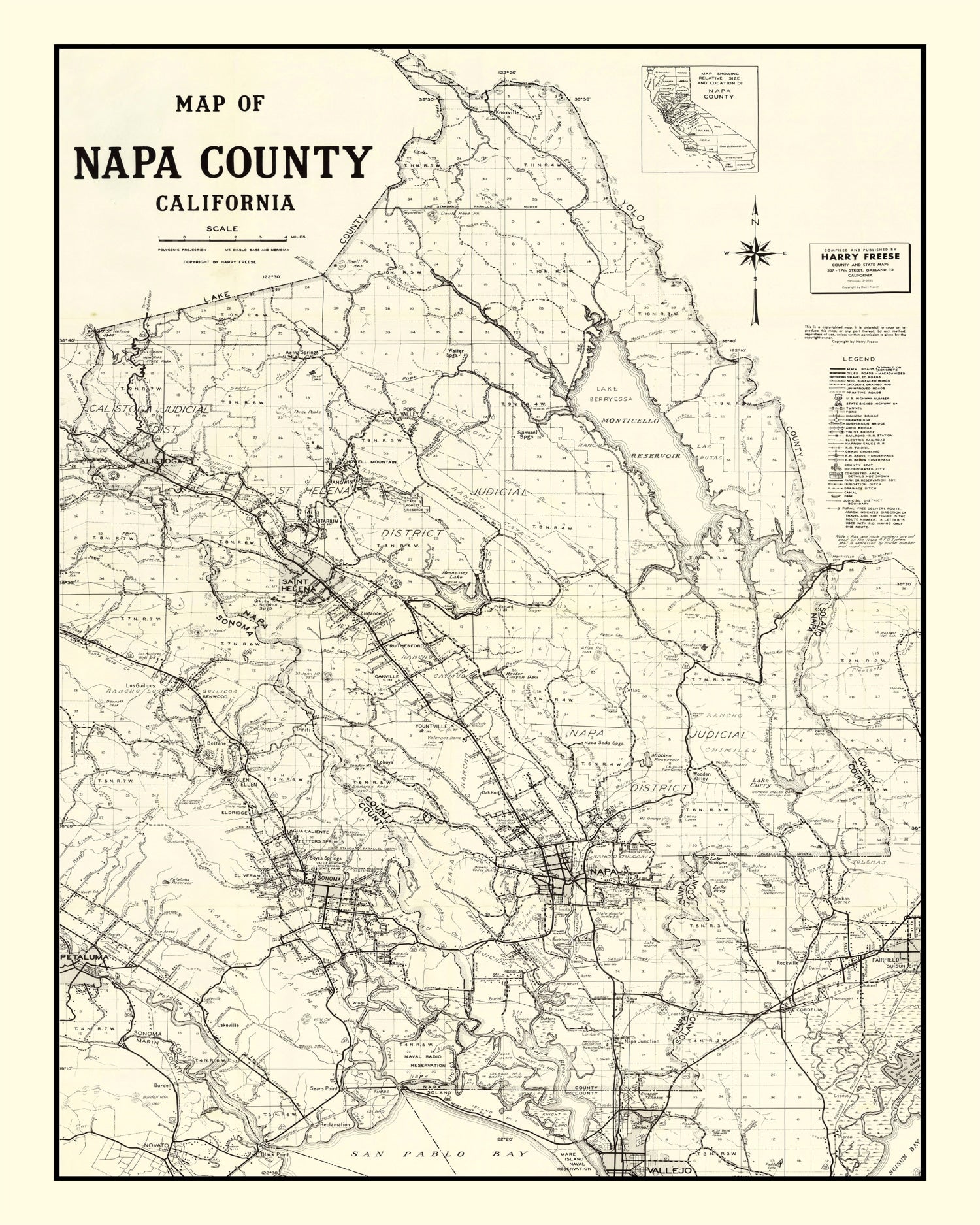 Vintage Map of Napa County, California 1950