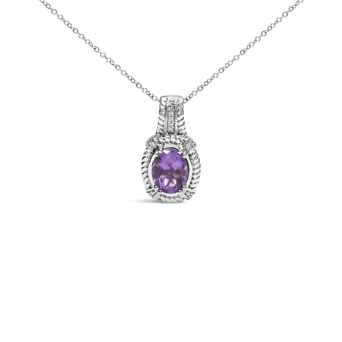 .925 Sterling Silver 9x7mm Oval Purple Amethyst and Round Diamond Accent Fashion Drop Pendant 18 Inch Necklace (I-J Color, I1-I2 Clarity)