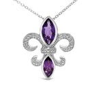 .925 Sterling Silver Purple Amethyst Marquise and Diamond Accent Fleur De Lis Pendant Necklace (H-I Color, SI1-SI2 Clarity) - Size 18"