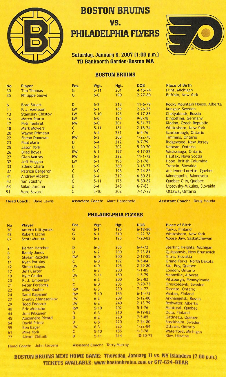 January 6 2007  Boston Bruins vs Flyers Game Program Glen Murray Cover 182035
