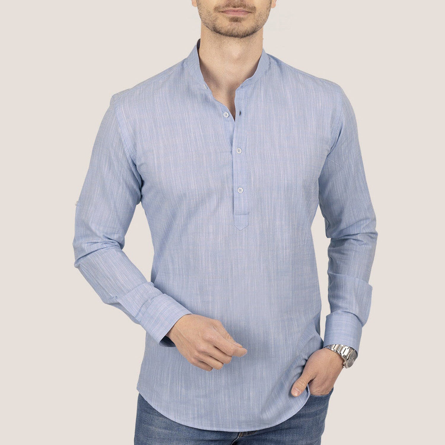 Banded Collar 3 Button Shirt // Blue