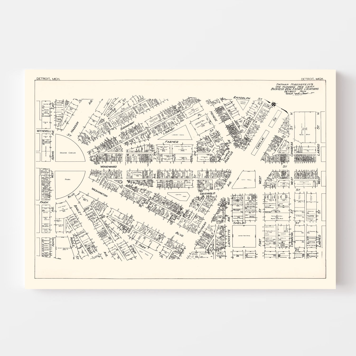 Vintage Map of Detroit, MI Business Section 1929