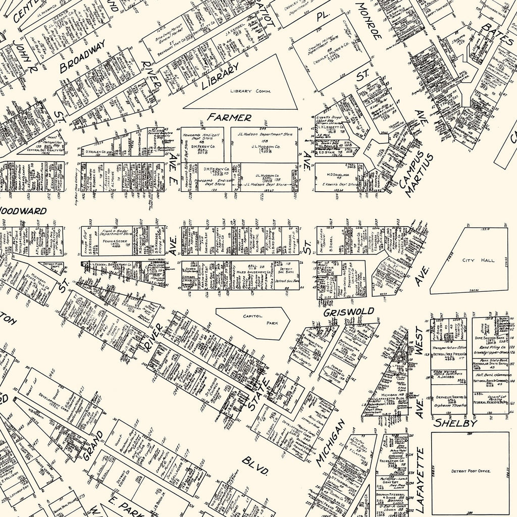 Vintage Map of Detroit, MI Business Section 1929