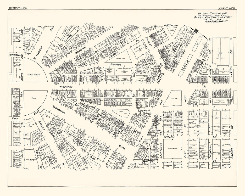 Vintage Map of Detroit, MI Business Section 1929