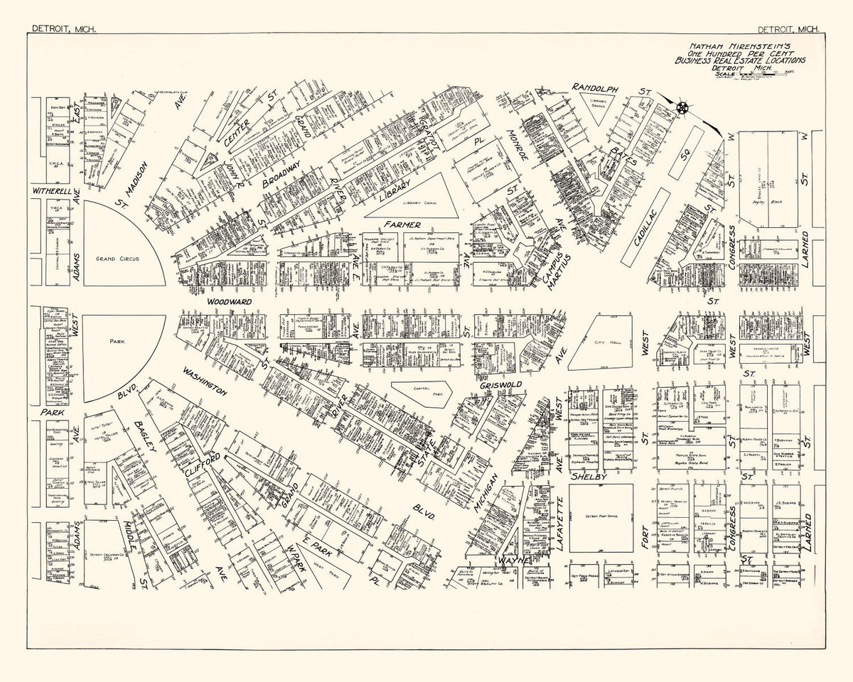 Vintage Map of Detroit, MI Business Section 1929