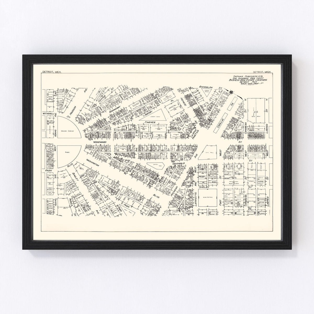 Vintage Map of Detroit, MI Business Section 1929