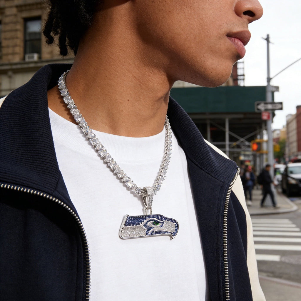 Seattle Seahawks Logo Pendant Necklace – with Heart Tennis Chain for Fans