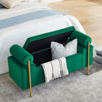Elegant Upholstered Storage Bench With Cylindrical Arms And Iron Legs