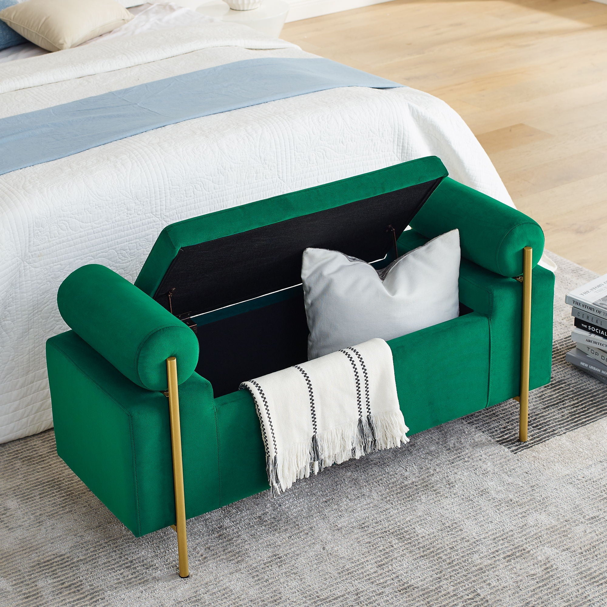 Elegant Upholstered Storage Bench With Cylindrical Arms And Iron Legs